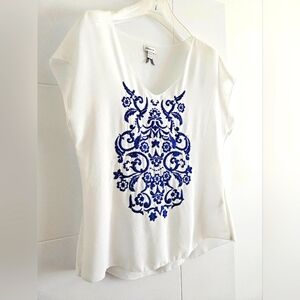 Dynamite S Blue Embroidered Top Shirt Sheer Flowy